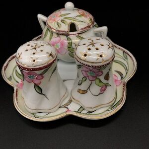 Vintage Japanese Porcelain Condiment Set Hand Painted Floral Gold Gilt Tray